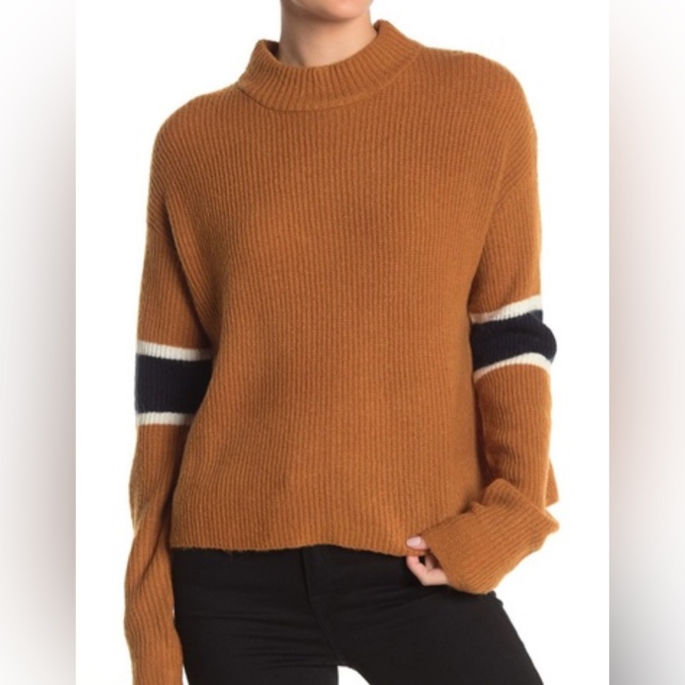 Women's John + Jenn Medium Brown Sweater with Navy Striped Sleeves